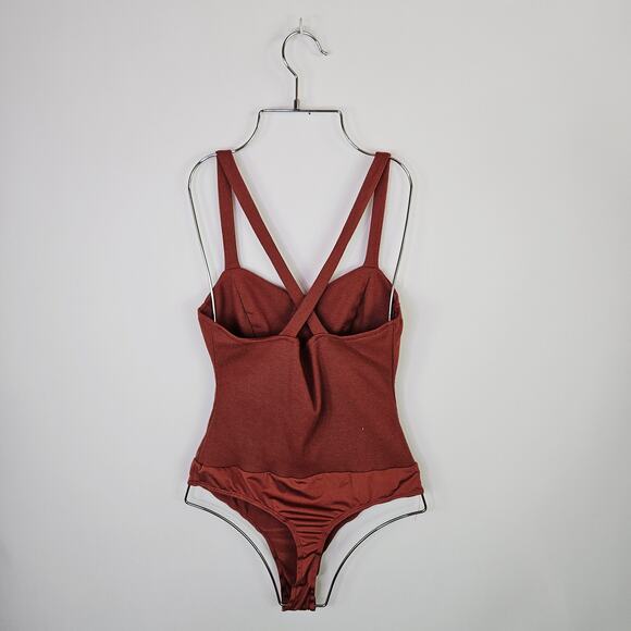 Lulus Bodysuit Medium Dusty Rose Pink Ribbed One Piece Cross Back Sleeveless - Picture 7 of 16